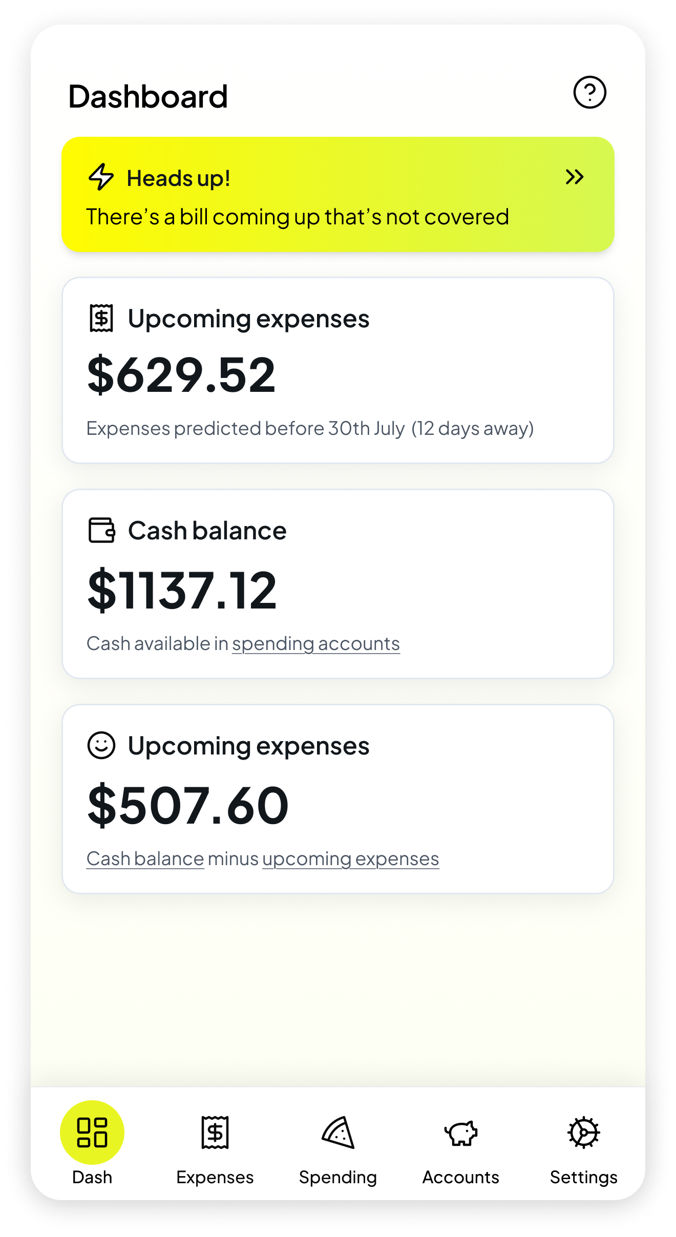 Smoothy dashboard showing upcoming expenses, cash balance, and safe to spend