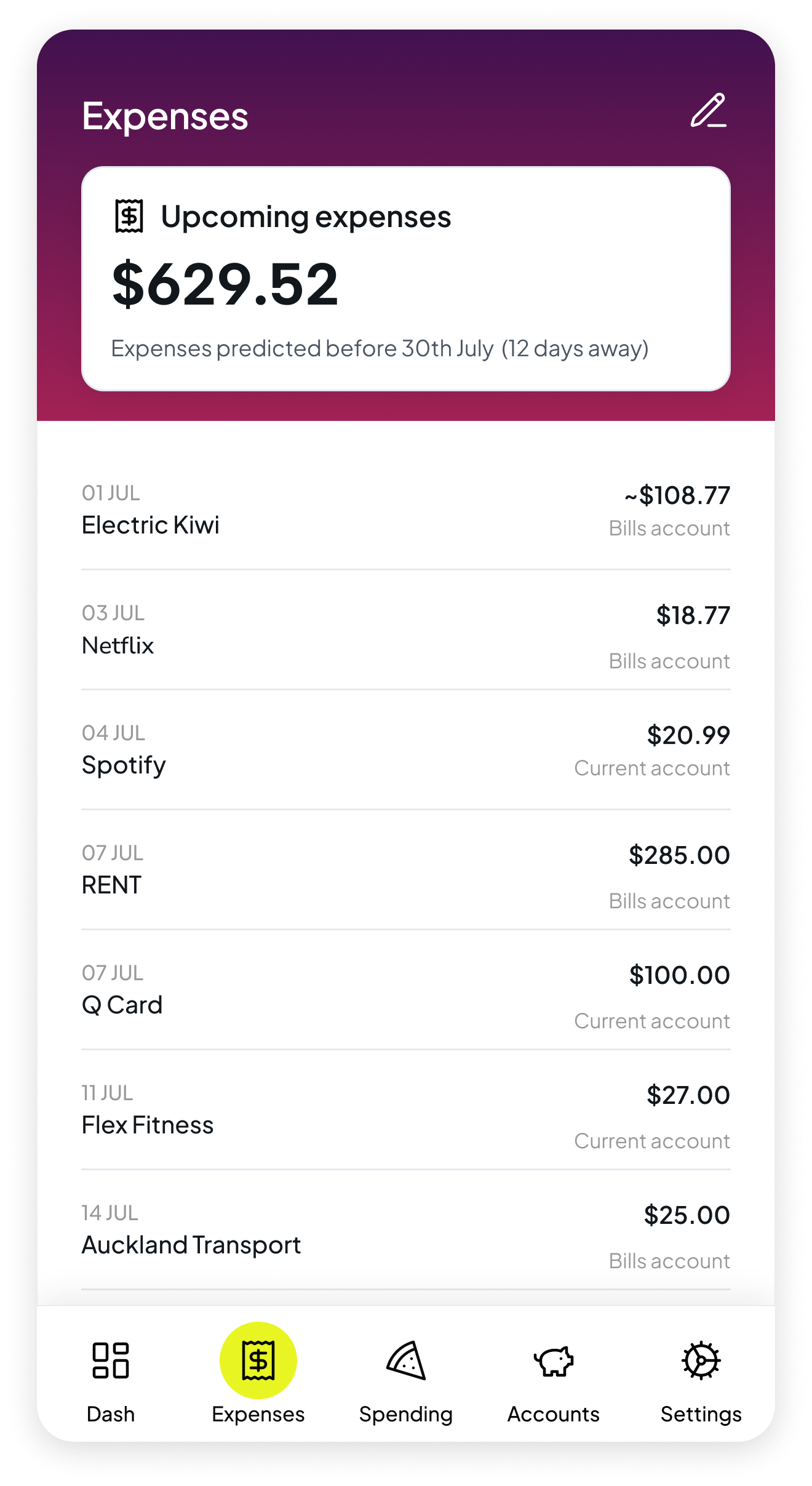 Smoothy expenses list showing upcoming bills and subscriptions