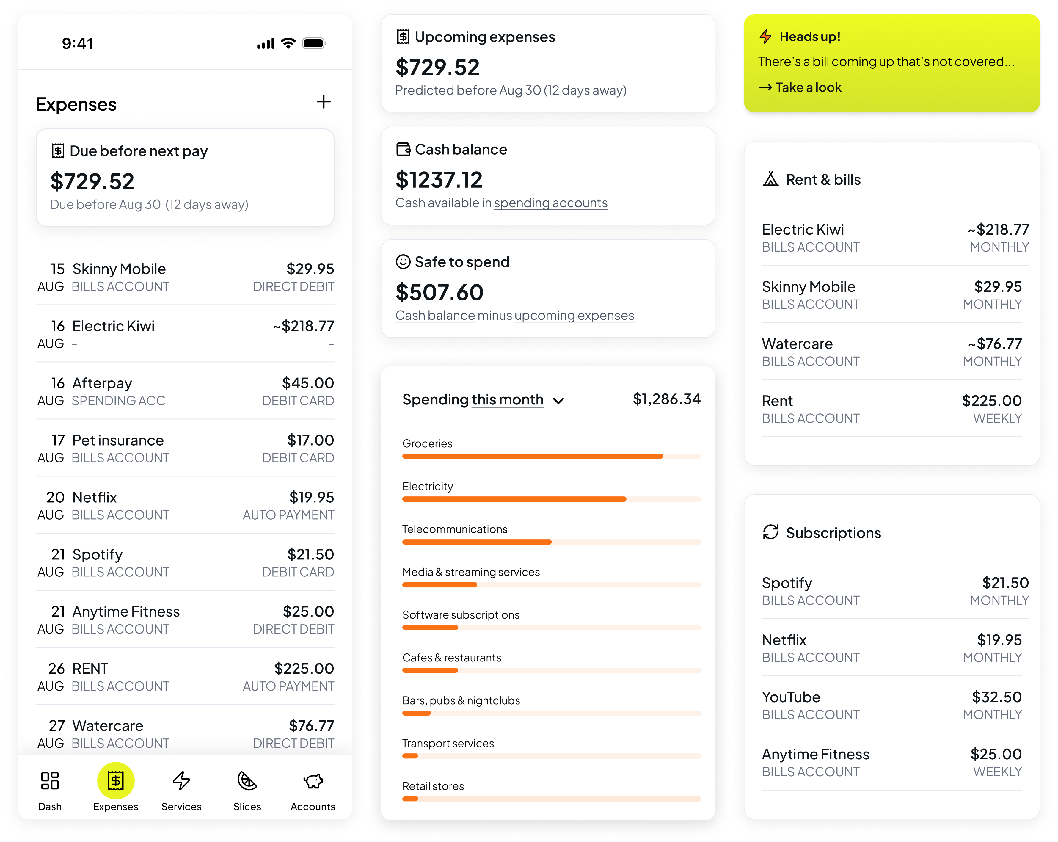 Smoothy budgeting app showing expenses, upcoming bills, cash balance, and safe to spend